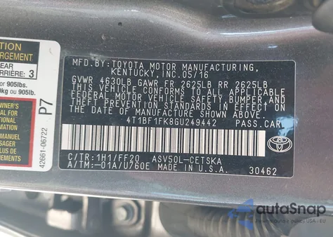 2016 Toyota Camry Se из США, поврежденный, VIN 4T1BF1FK8GU249442